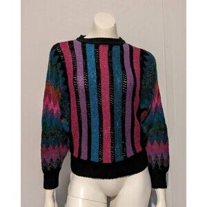 Jewel Toned Vintage 80s Sweater Dolman Sleeve Pointelle Stripe M/L